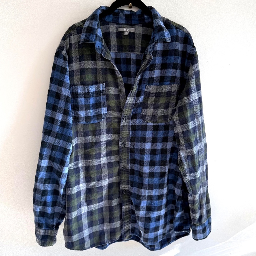 Uniqlo | Soft Flannel Plaid Shirt | Navy Olive Layering Casual | Men's XL